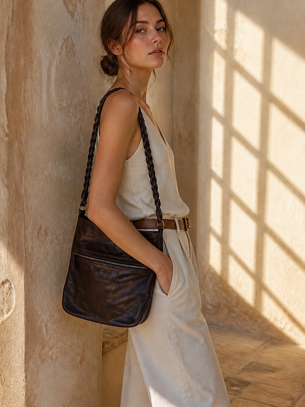 Vintage Anne Klein Handbag Made /Italy All Brown Leather Shoulder Crossbody Bag